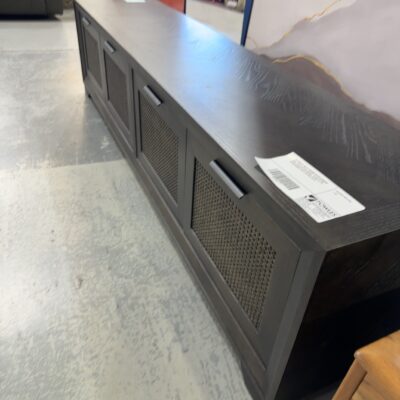 EX DISPLAY ADLEY 2200MM ENTERTAINMENT UNIT, WITH RATTAN DOORS, JAPAN BLACK, HERRINGBONE RRP$1799 SOLD AS IS