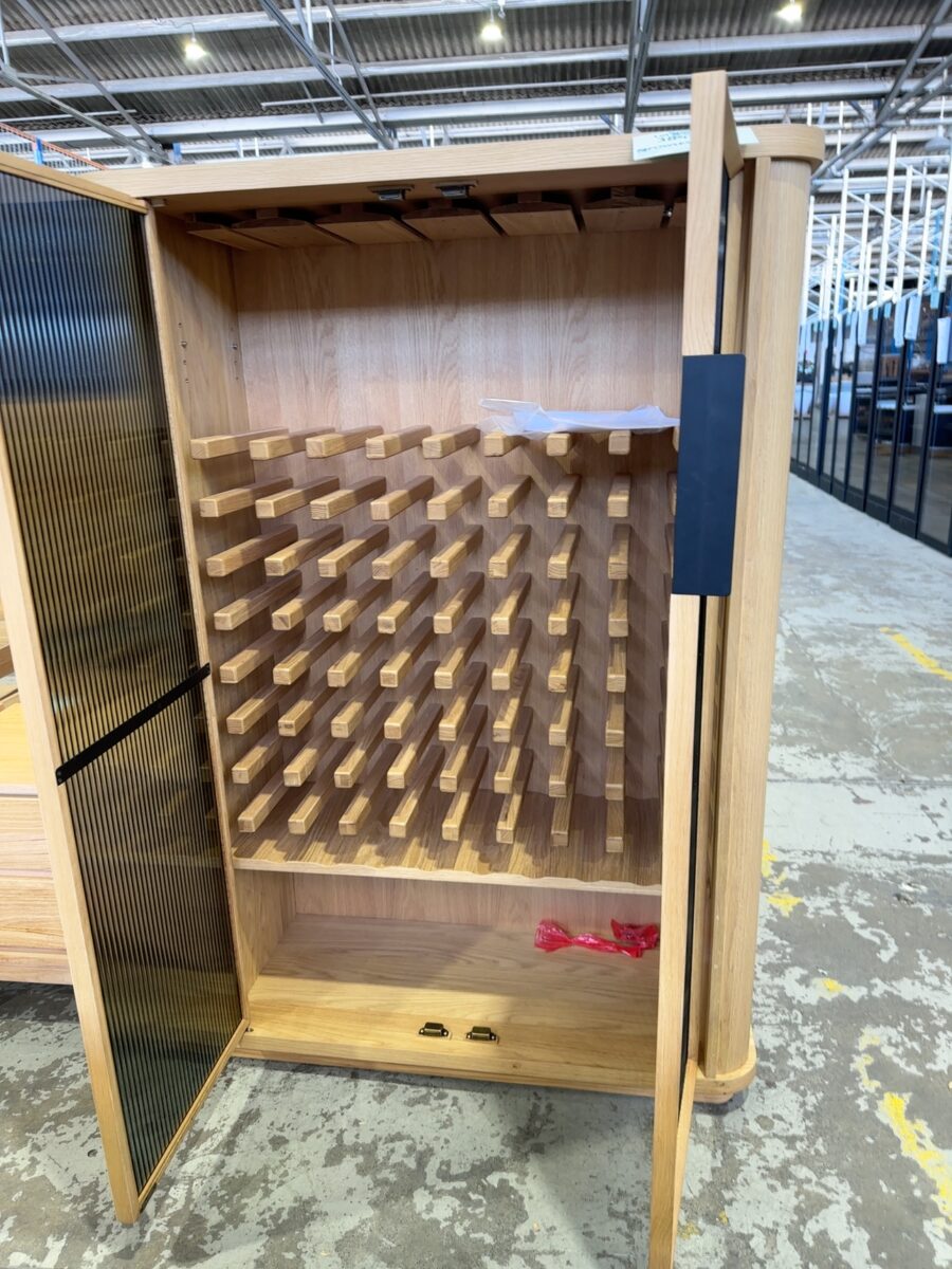 EX DISPLAY ASTON WINE CABINET, AMERICAN OAK, WITH DARK FLUTED GLASS DOORS, RRP$3499 SOLD AS IS