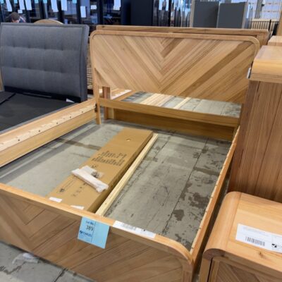 EX DISPLAY EVA KING SIZE BEDFRAME, CURVED MESSMATE WITH HERRINGBONE DESIGN RRP99 SOLD AS IS