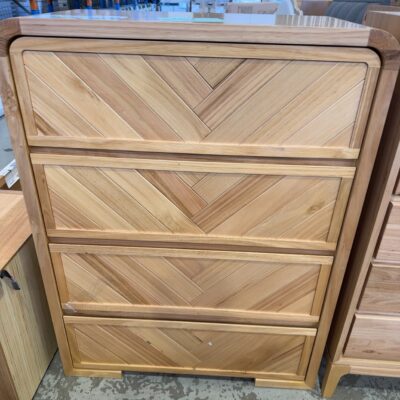 EX DISPLAY EVA TALLBOY CURVED DESIGN, MESSMATE TIMBER WITH HERRINGBONE DRAWERS, RRP$1999 SOLD AS IS
