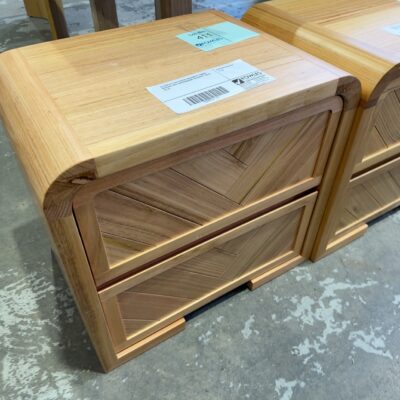 EX DISPLAY EVA CURVED MESSMATE TIMBER BEDSIDE WITH HERRINGBONE DRAWERS, SOLD AS IS