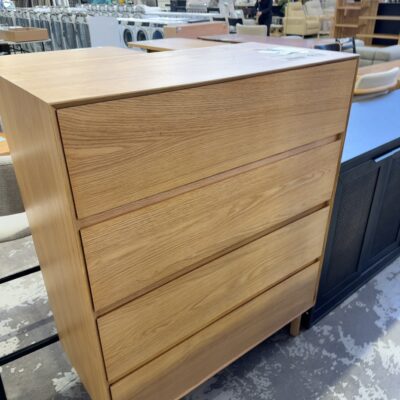 EX DISPLAY EVANS AMERICAN OAK TALLBOY WITH FINGERPULL DRAWERS, RRP19 SOLD AS IS