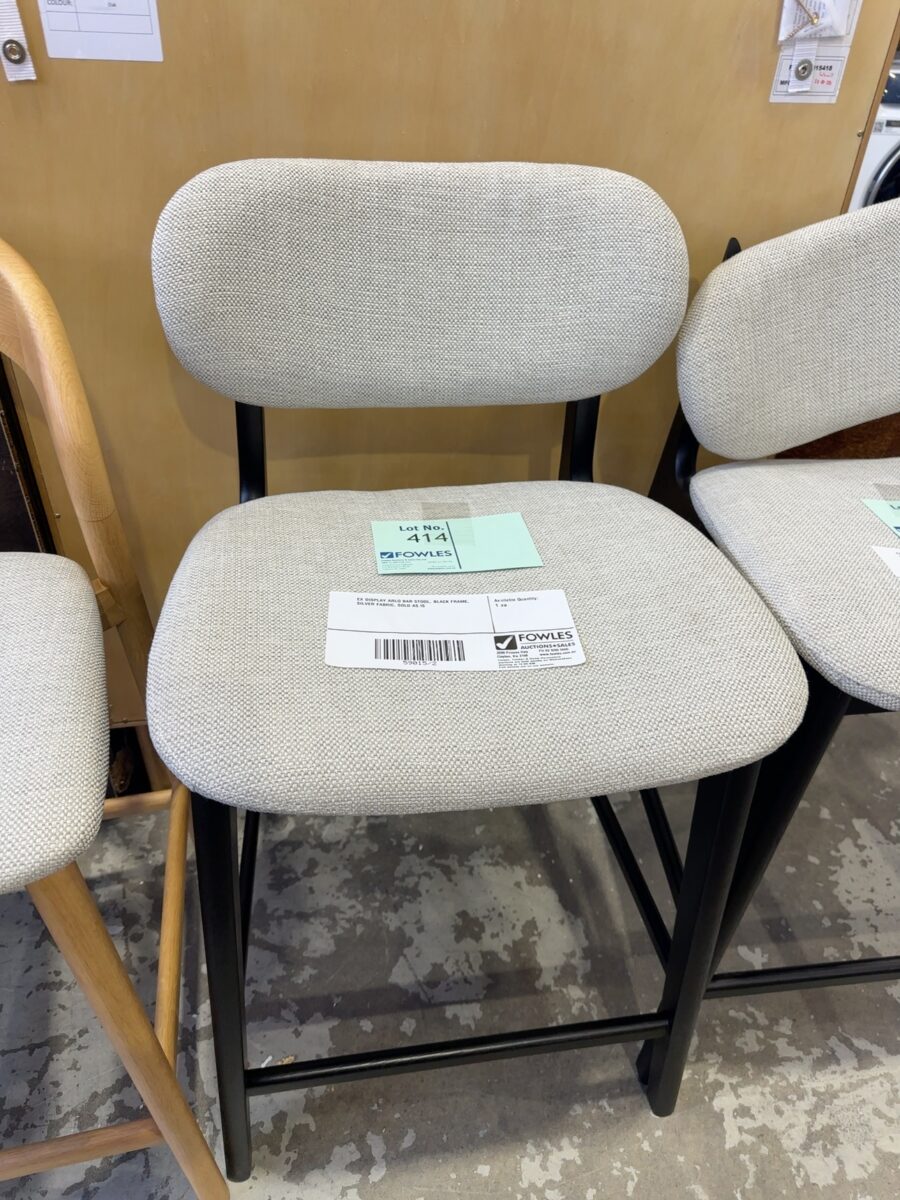 EX DISPLAY ARLO BAR STOOL, BLACK FRAME, SILVER FABRIC, SOLD AS IS