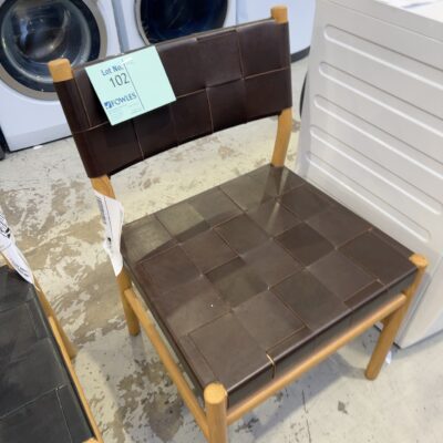 SAMPLE CHAIR - LANDO OAK TIMBER DINING CHAIR WITH BROWN LEATHER SOLD AS IS