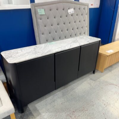 EX DISPLAY ARLO BLACK OAK BUFFETT 1800MM WITH SEALED NATURAL ITALIAN CARRAR MARBLE TOP - SOLD AS IS - SQUARE CUTOUT IN BACK OF BUFFETT, CHIPPED TOP IN A COUPLE OF PLACES & CRACK, SOLD AS IS