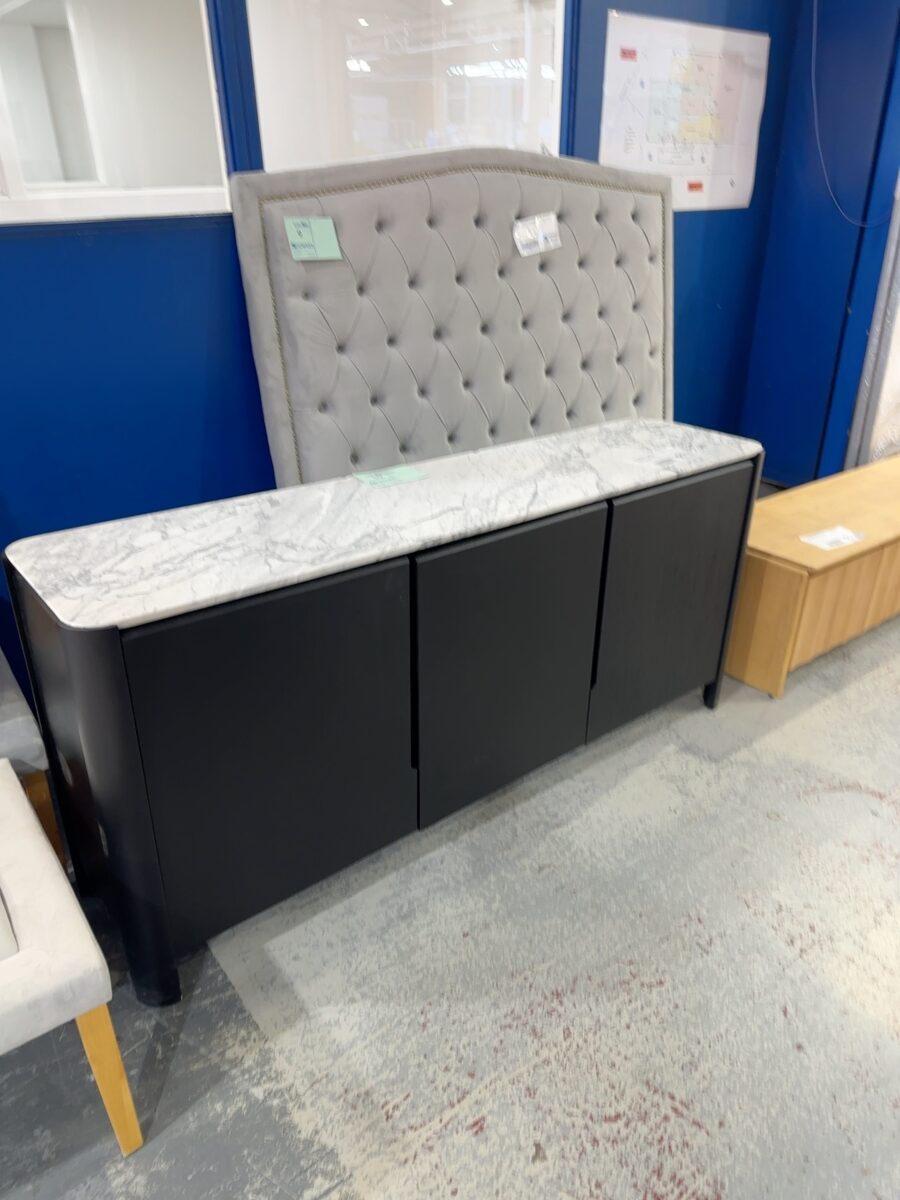EX DISPLAY ARLO BLACK OAK BUFFETT 1800MM WITH SEALED NATURAL ITALIAN CARRAR MARBLE TOP - SOLD AS IS - SQUARE CUTOUT IN BACK OF BUFFETT, CHIPPED TOP IN A COUPLE OF PLACES & CRACK, SOLD AS IS
