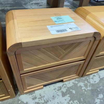 EX DISPLAY EVA CURVED MESSMATE TIMBER BEDSIDE WITH HERRINGBONE DRAWERS, SOLD AS IS