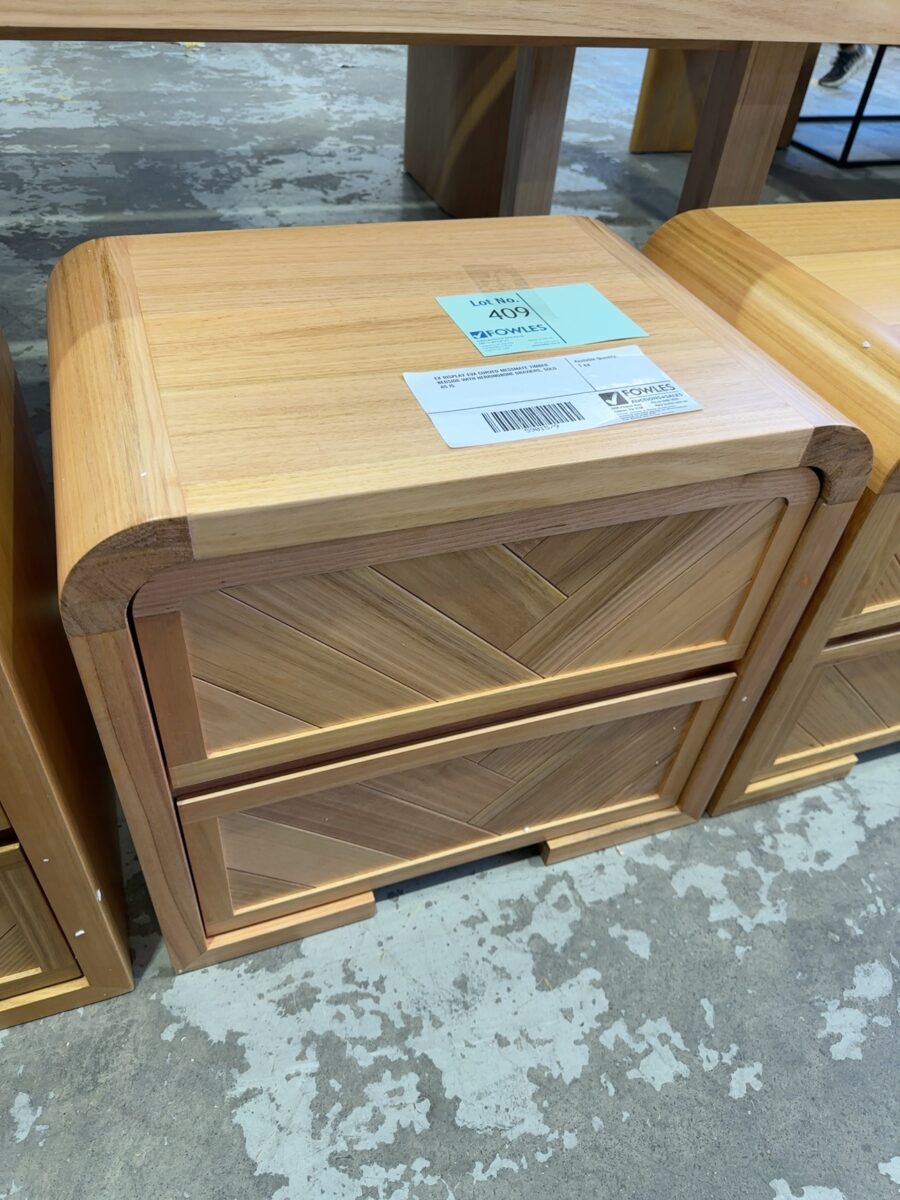 EX DISPLAY EVA CURVED MESSMATE TIMBER BEDSIDE WITH HERRINGBONE DRAWERS, SOLD AS IS