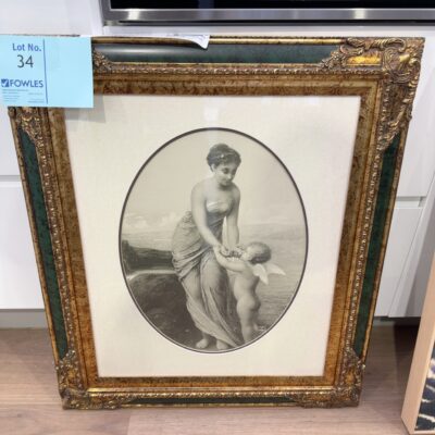 EX STAGING FURNITURE - ORNATE GOLD/GREEN FRAMED ARTWORK, SOLD AS IS