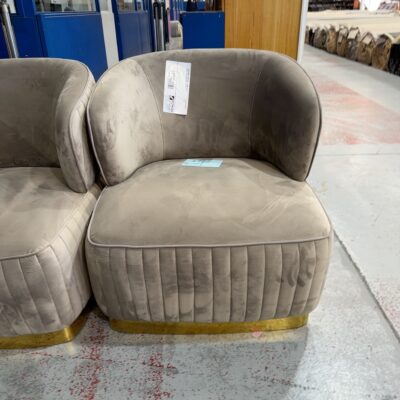 EX STAGING FURNITURE - CAMEL VELVET CHAIR WITH GOLD BASE, SOLD AS IS