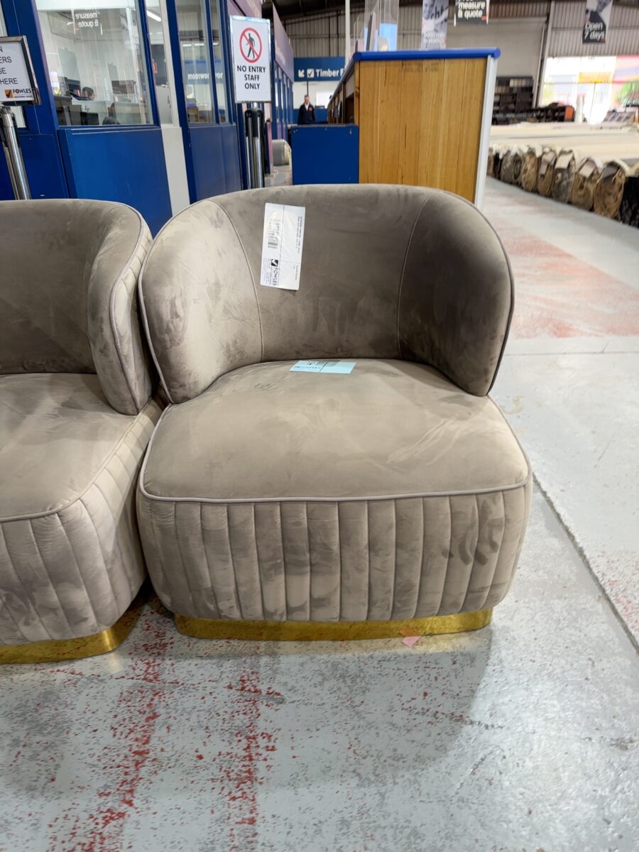 EX STAGING FURNITURE - CAMEL VELVET CHAIR WITH GOLD BASE, SOLD AS IS