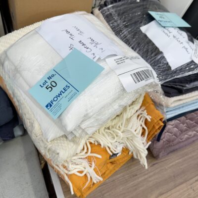 EX STAGING FURNITURE - LOT OF SHEETS WITH CREAM THROW AND YELLOW THROW SOLD AS IS