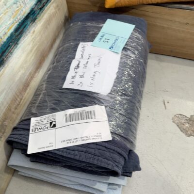 EX STAGING FURNITURE - LOT OF BLUE COVERLETTE, 2 PILLOWS, 1 NAVY THROW SOLD AS IS