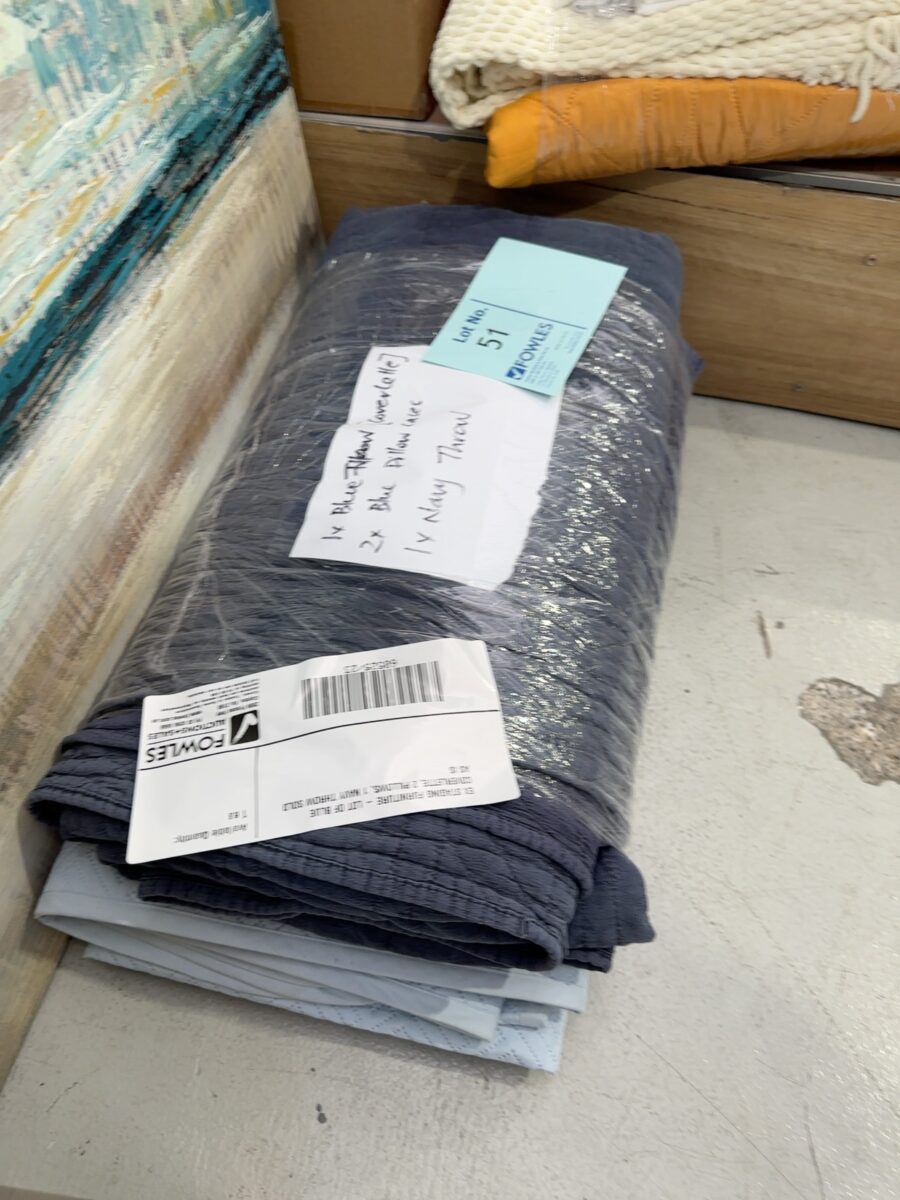 EX STAGING FURNITURE - LOT OF BLUE COVERLETTE, 2 PILLOWS, 1 NAVY THROW SOLD AS IS