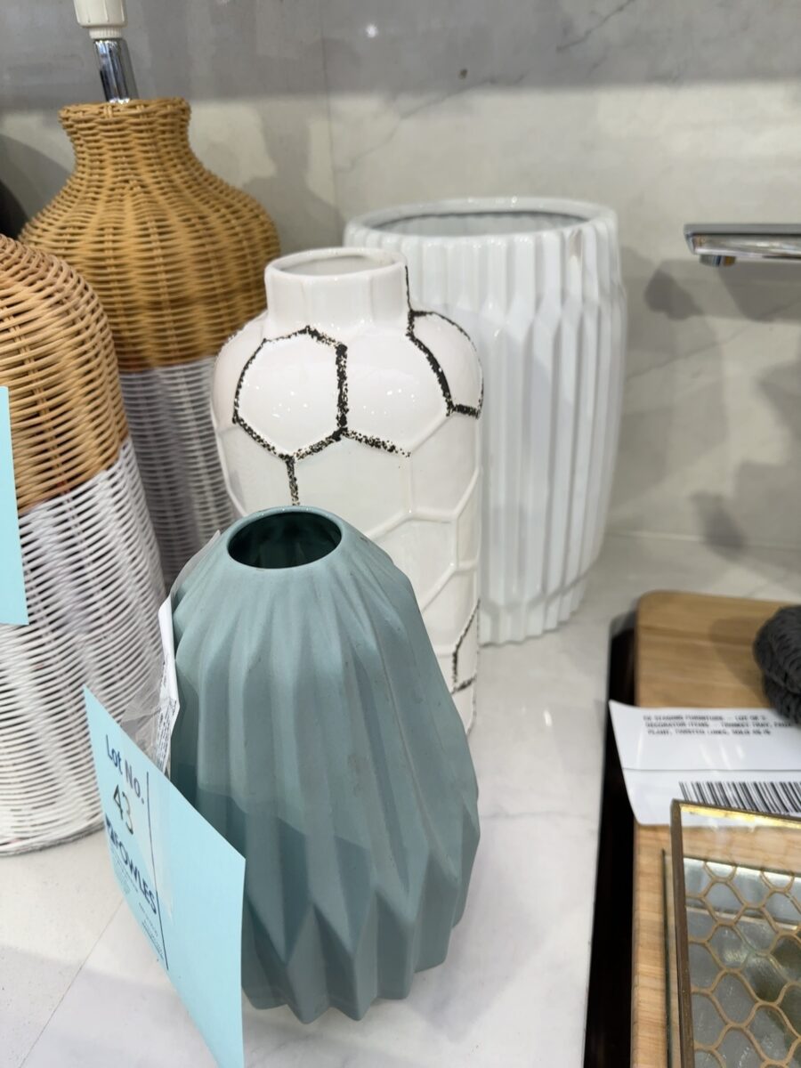 EX STAGING FURNITURE - LOT OF 3 VASES, SOLD AS IS