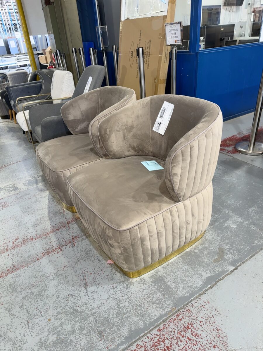 EX STAGING FURNITURE - CAMEL VELVET CHAIR WITH GOLD BASE, SOLD AS IS