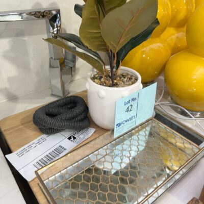 EX STAGING FURNITURE - LOT OF 3 DECORATOR ITEMS - TRINKET TRAY, FAUX PLANT, TWISTED LINKS, SOLD AS IS