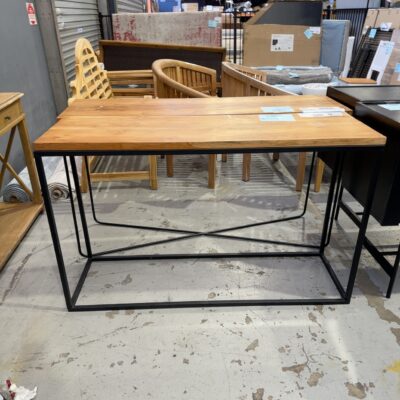 EX STAGING FURNITURE - TIMBER HALL TABLE ON METAL FRAME, SOLD AS IS