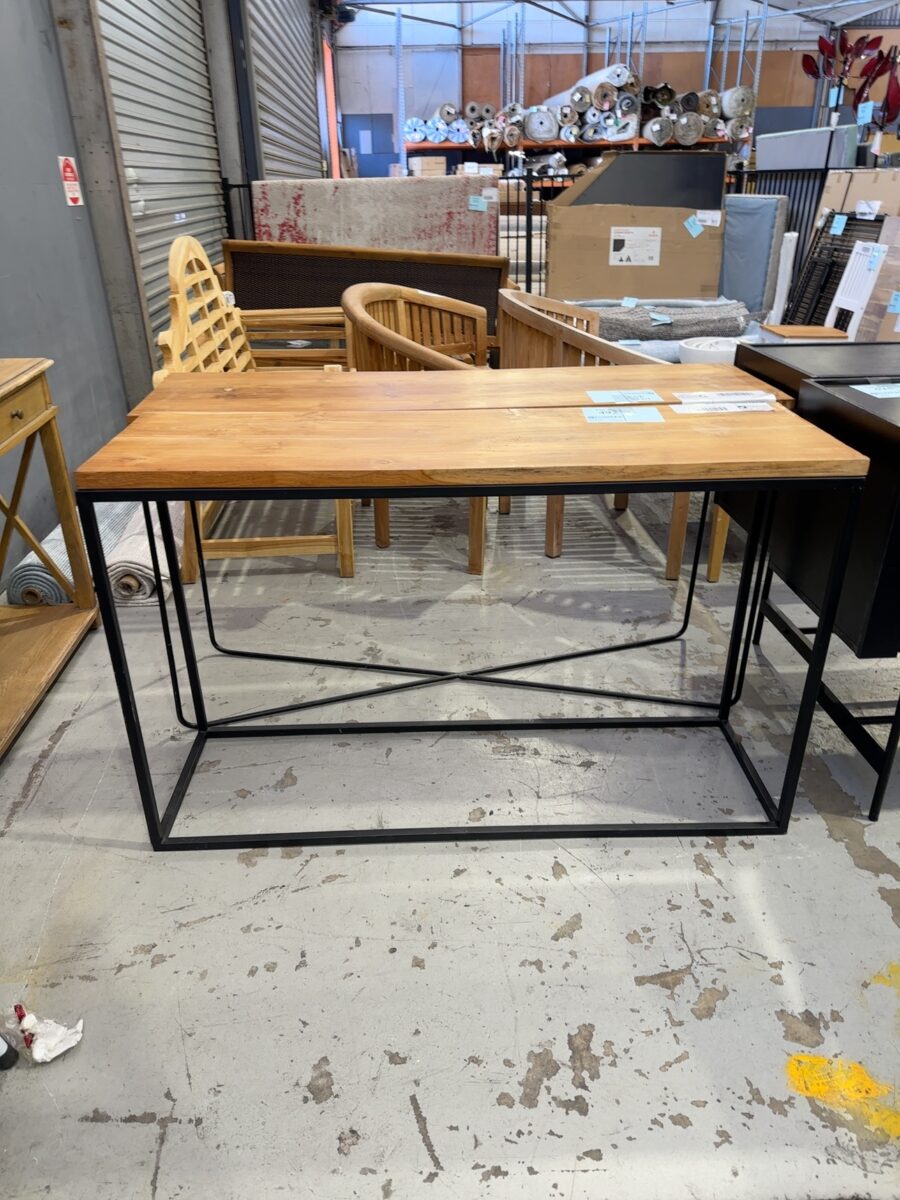 EX STAGING FURNITURE - TIMBER HALL TABLE ON METAL FRAME, SOLD AS IS