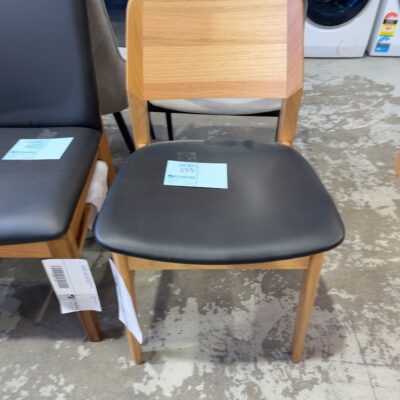 EX DISPLAY LEATHER DINING CHAIR WITH TIMBER BACK, SOLD AS IS