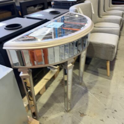 EX STAGING FURNITURE - CURVED GOLD & MIRROR HALL TABLE, SOLD AS IS