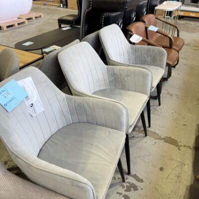 EX STAGING FURNITURE - LIGHT GREEN VELVET CHAIR, SOLD AS IS