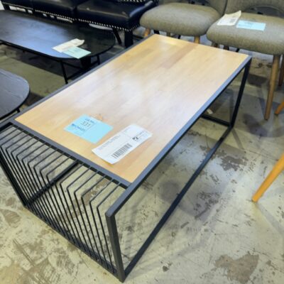EX STAGING FURNITURE - BLACK METAL COFFEE TABLE WITH TIMBER TOP, SOLD AS IS