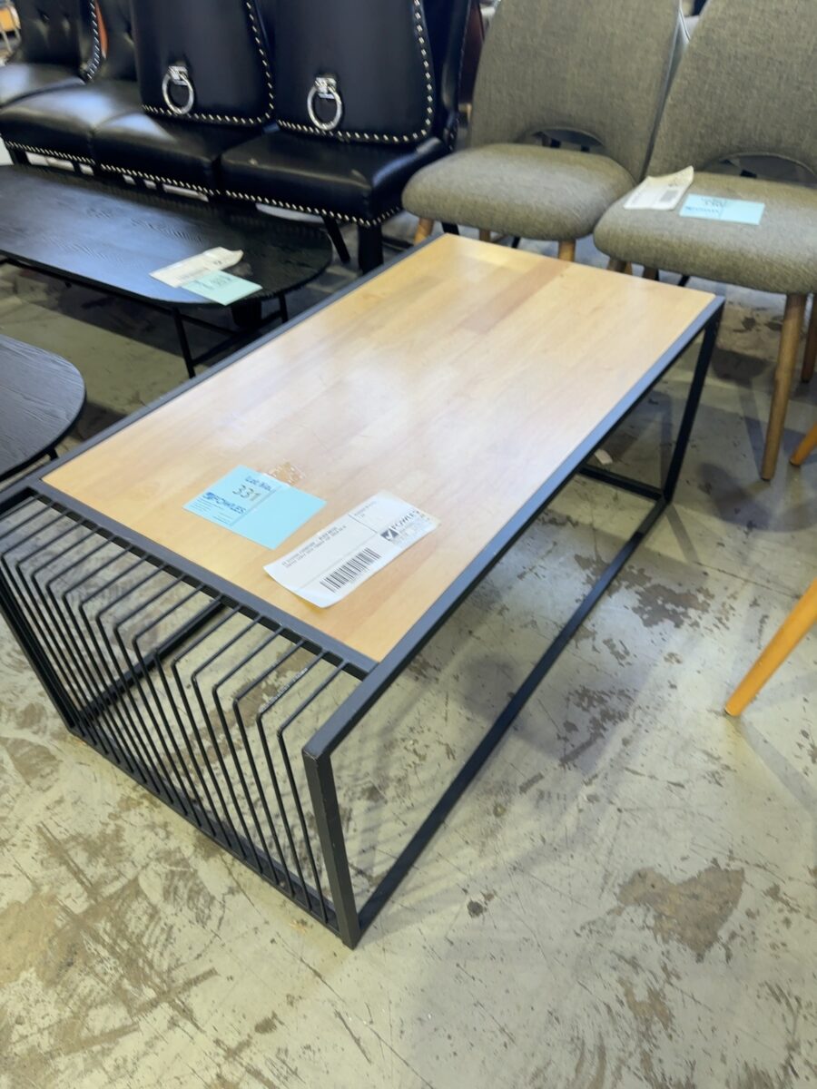 EX STAGING FURNITURE - BLACK METAL COFFEE TABLE WITH TIMBER TOP, SOLD AS IS