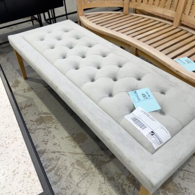 EX STAGING FURNITURE - LIGHT BLUE VELVET LONG OTTOMAN, SOLD AS IS
