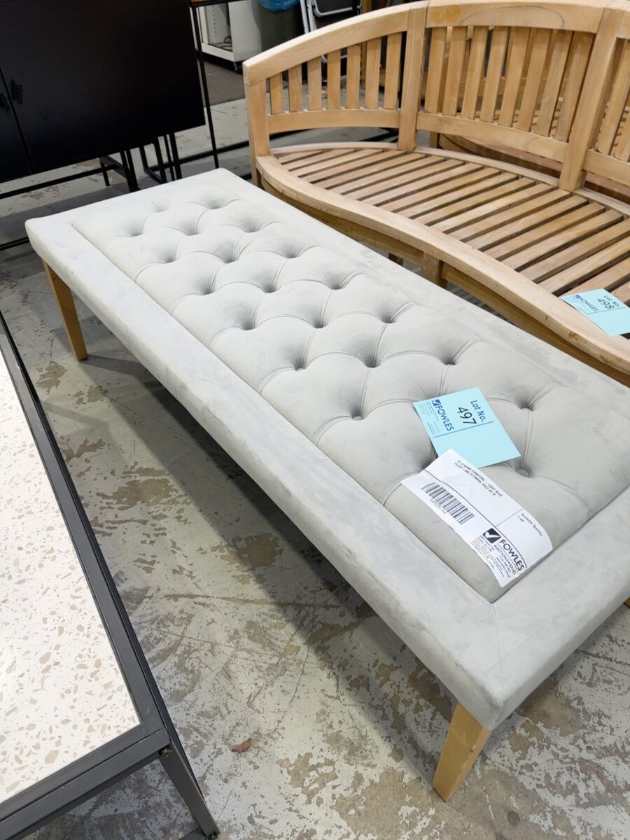 EX STAGING FURNITURE - LIGHT BLUE VELVET LONG OTTOMAN, SOLD AS IS