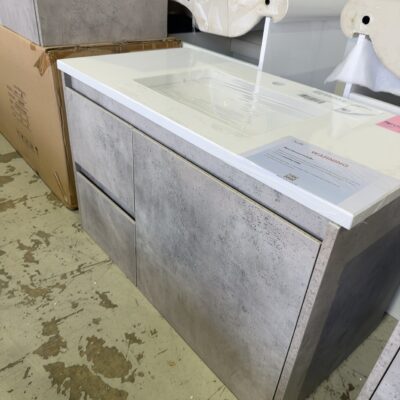 EX DISPLAY LOLA 900MM GREY WALL HUNG VANITY WITH PURE WHITE STONE TOP WITH UNDERMOUNT BOWL RRP10 CAW11-900L & ST56-900