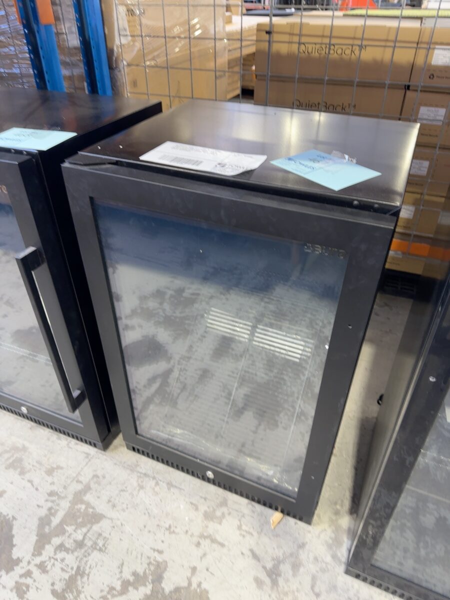 EX DISPLAY EURO EA555BCBPL BLACK 555MM SINGLE GLASS DOOR BAR FRIDGE, LOW E GLASS SPRING BACK DOORS, WITH LOCK, 3 MONTH WARRANTY