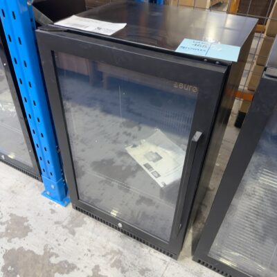 EX DISPLAY EURO EA555BFBL BLACK 555MM SINGLE GLASS DOOR BAR FRIDGE, LOW E GLASS SPRING BACK DOORS, WITH LOCK, RRP$ 1799, 3 MONTH WARRANTY