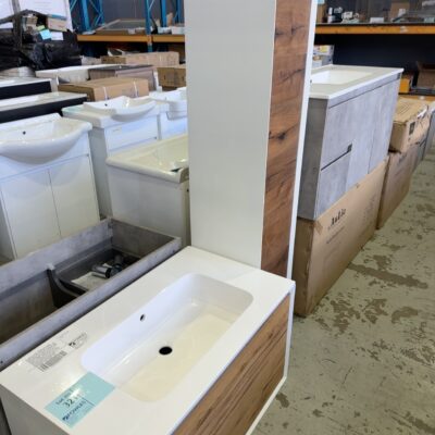 EX DISPLAY PARISI 900MM WALL HUNG VANITY WITH LEFT HAND SIDE STORAGE UNIT, ITALIAN MADE, MATT WHITE SURROUND WITH NATURAL TIMBER VENEER IN VINTAGE FINISH, VANITY HAS ONE LARGE DRAWER WITH INTERNAL DRAWER, SIDE UNIT HAS PUSH BUTTON DOORS WITH GLASS SHELVES RRP$6070 SOLD AS IS ON THE FLOOR, IK-350SSL-LV2 & IK900-LV2