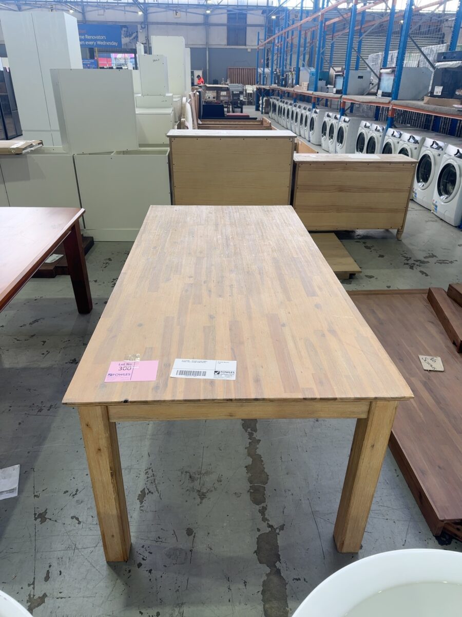 EX STAGING - NATURAL STAIN TIMBER DINING TABLE 1800MM ,SOME MARKS