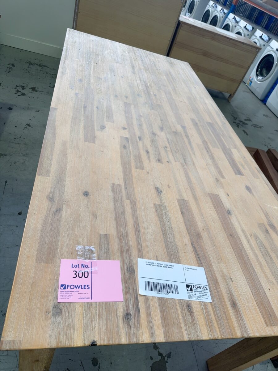 EX STAGING - NATURAL STAIN TIMBER DINING TABLE 1800MM ,SOME MARKS