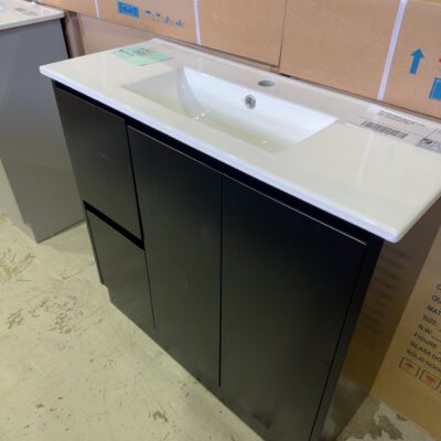 NEW 900MM NARROW MATTE BLACK FLOOR VANITY WITH WHITE CERAMIC TOP, SK32-900WLBM & UV32-900H