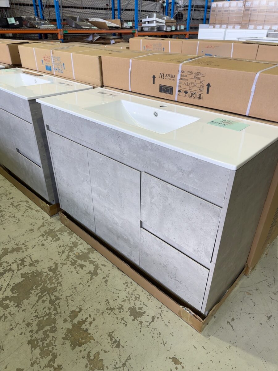 NEW 1200MM CONCRETE GRAY FLOOR VANITY WITH WHITE CERAMIC TOP, SY05-1200RA2-SD & UV31-1200H