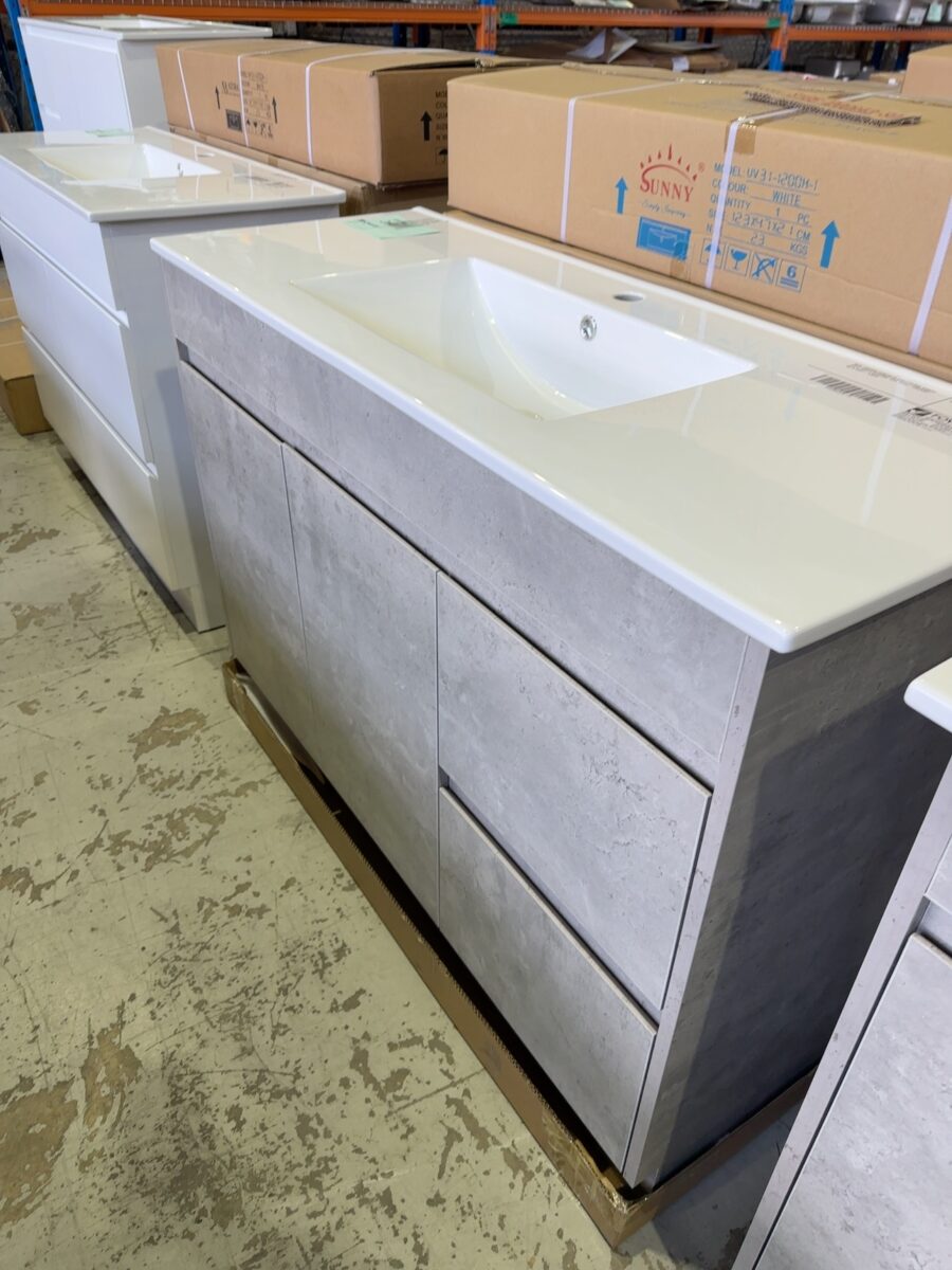 NEW 1200MM CONCRETE GRAY FLOOR VANITY WITH WHITE CERAMIC TOP, SY05-1200RA3-SD & UV31-1200H