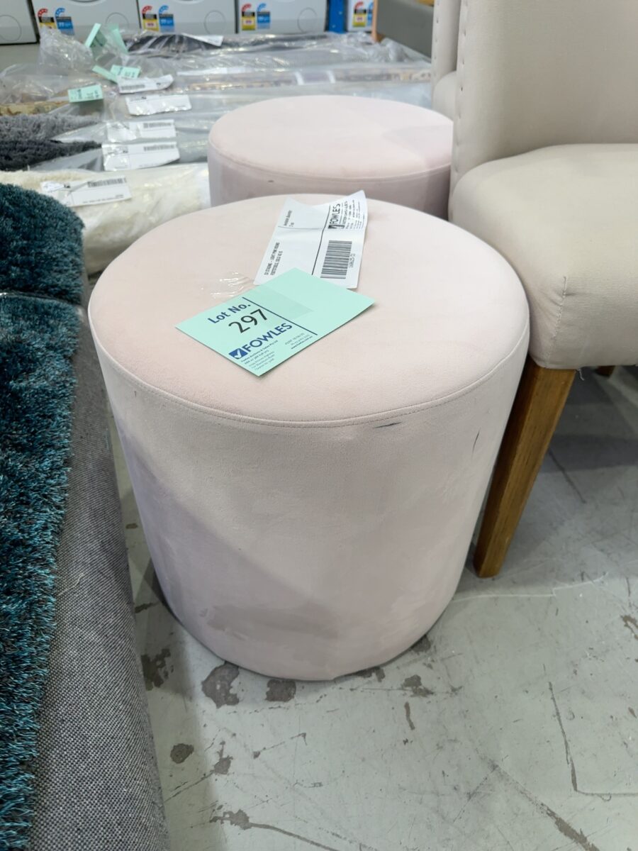 EX STAGING - LIGHT PINK ROUND FOOTSTOOLS, SOLD AS IS