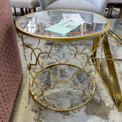 EX STAGING - GOLD ROUND SIDETABLE WITH MIRROR TOP, SOLD AS IS