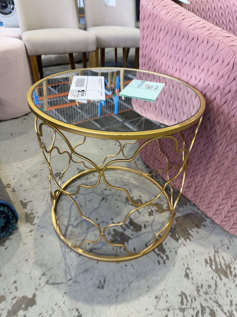 EX STAGING - GOLD ROUND SIDETABLE WITH MIRROR TOP, SOLD AS IS