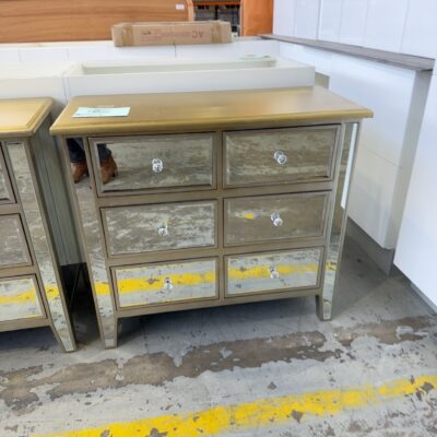 EX STAGING - SMALL MIRROR CABINET WITH GOLD PAINTED TOP, SOLD AS IS
