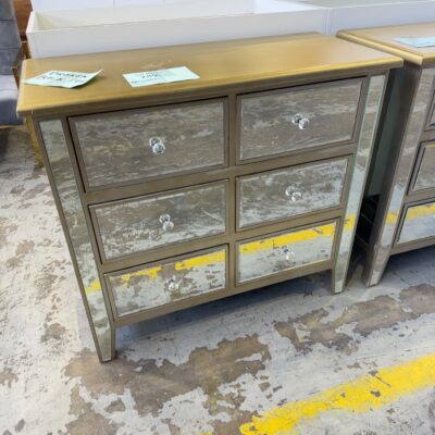 EX STAGING - SMALL MIRROR CABINET WITH GOLD PAINTED TOP, SOLD AS IS **ONE LEG BROKEN OFF, SOLD AS IS**
