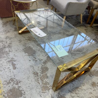 EX STAGING - GLASS COFFEE TABLE, GOLD FRAME, SOLD AS IS