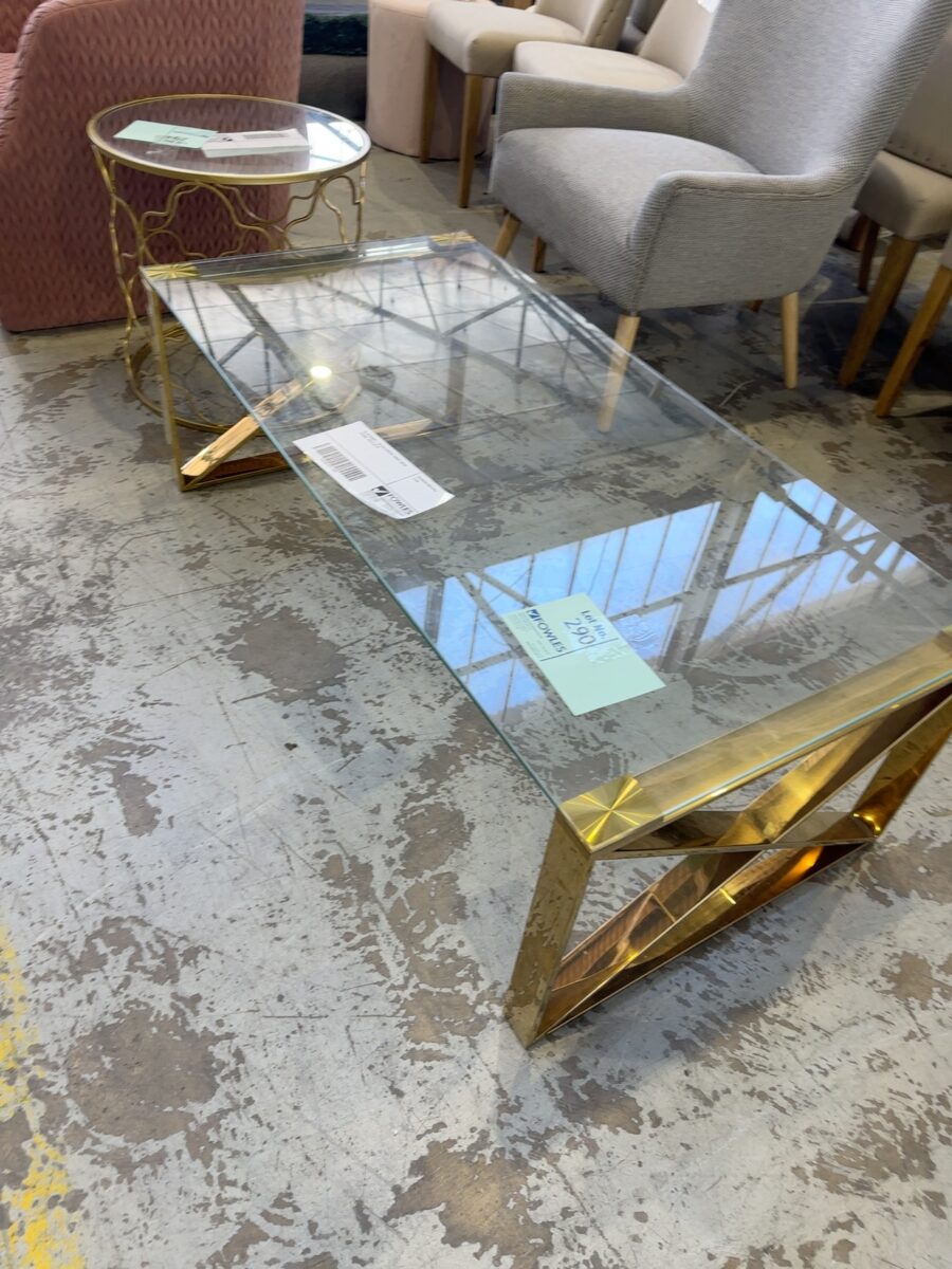 EX STAGING - GLASS COFFEE TABLE, GOLD FRAME, SOLD AS IS
