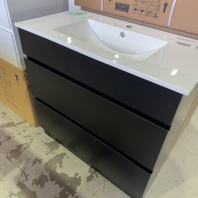 NEW 900MM MATTE BLACK FLOOR VANITY, 2 DRAWERS, WITH WHITE CERAMIC VANITY TOP, CORE900WBM & UV31-900H