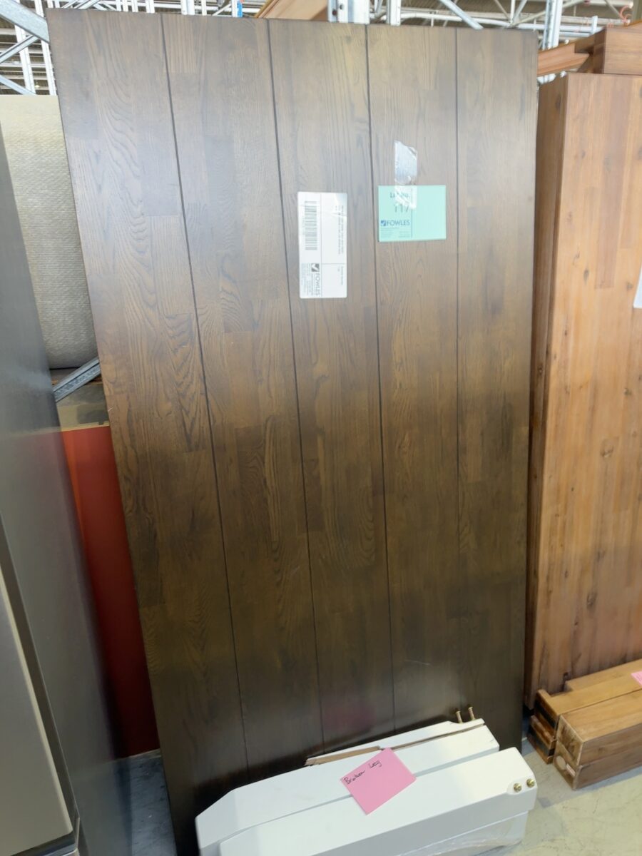 WALNUT PLANK DINING TABLE WITH WHITE LEGS, NO SCREWS & ONE LEG BROKEN SOLD AS IS