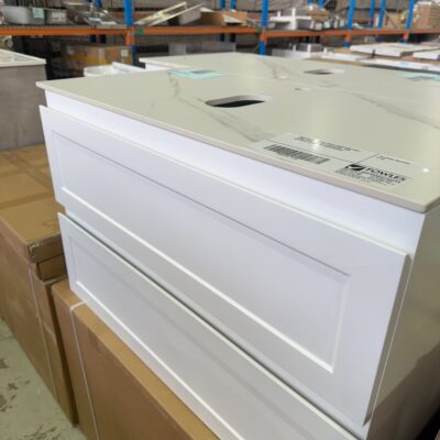 NEW 900MM MATTE WHITE HAMPTON WALL HUNG VANITY, WITH 2 DRAWERS, AND SINTERED STONE TOP FM900WVMW