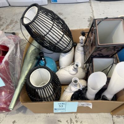 EX STAGING - BOX OF ASSORTED DECORATOR ITEMS, SOLD AS IS